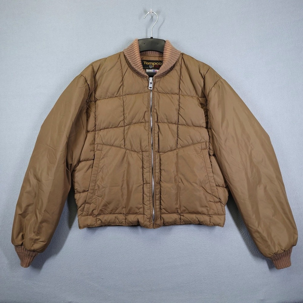 Vintage Tempco Puffer Jacket Mens L Brown Goose Down Insulated Made in USA